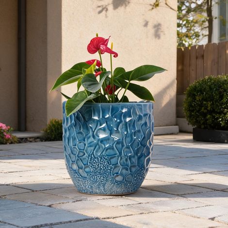 Pot de fleurs en céramique bleu classique Ø30 cm avec relief (1/5)