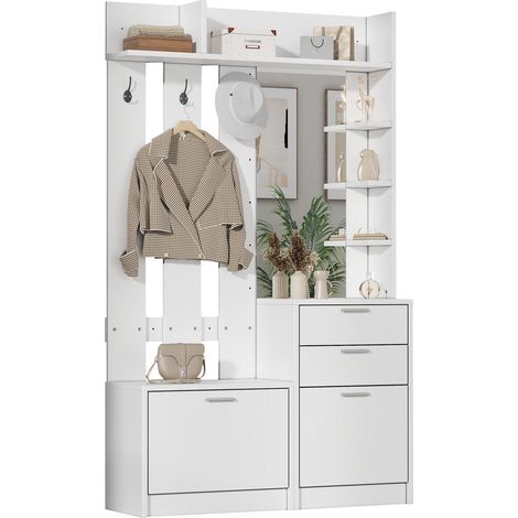 CHICFURN Meuble d'entrée vestiaire avec miroir et rangement chaussures blanc 110x34x185 cm, 2 tiroirs, 2 abattants, 3 crochets, penderie et étagères (1/5)