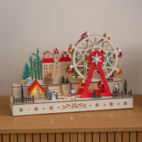 45cm Light Up Wooden Christmas Village Scene with Rotating Ferris Wheel (1/5)