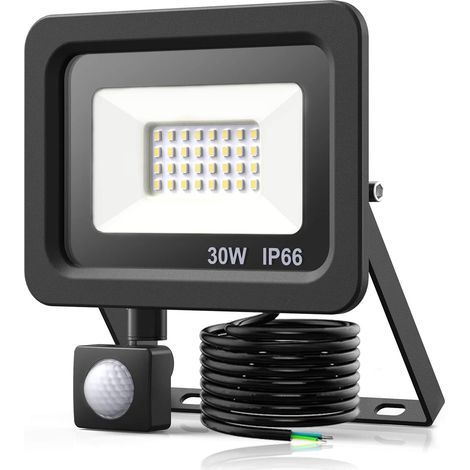 Projecteur LED à capteur de mouvement 30W, projecteur LED à capteur de mouvement extérieur 2400LM, projecteur LED extérieur étanche IP66 6500K avec câble de 1,5 m pour jardin, cour, cour, maison (1/5)
