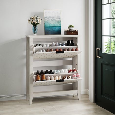 Zapatero de 80cm con 2 puertas abatibles regulables, MDF, estilo vintage, para entrada y pasillo, color blanco (1/5)