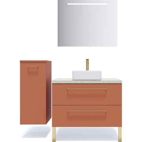 Meuble de salle de bain suspendu vasque à poser 90cm 2 tiroirs Terracotta + miroir + colonne ouverture gauche - Glasgow (1/5)