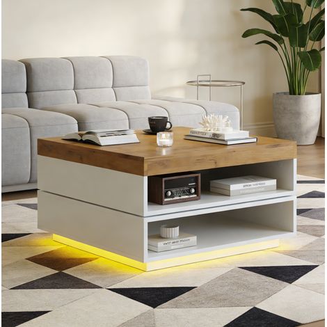 Tavolino MDF bianco e rovere 65 x 65 cm con piano girevole 360° e LED (1/5)