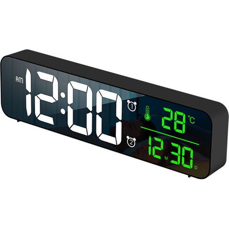 Tigrezy Réveil Numérique, Horloge Murale Réveil Matin LED Digital Miroir Grand Ecran avec Température Date, 40 Musique, Luminosité Variable, USB Clock pour Maison Bureau, Noir