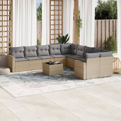 Salon de jardin 11 pcs avec coussins beige résine tressée (1/5)