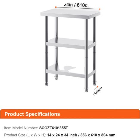 Table de préparation alimentaire, acier inoxydable, étagère inférieure réglable, 14x24inch (1/2)