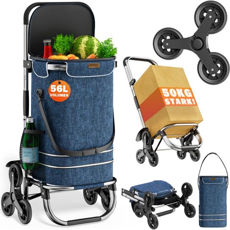 Monzana carrellino della spesa 3in1 50 kg Borsa removibile pieghevole 6 ruote per salire le scale borsa frigo  Blu