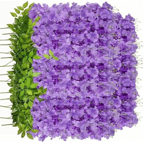 Lot de 14 fleurs artificielles de glycine à six feuilles, violettes et bleues, pour la décoration de plafond, mariage et décoration intérieure.