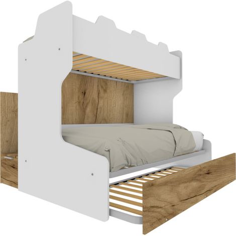 Letto a castello salvaspazio con scala contenitore - 1 Piazza e mezza + singolo - Bianco e Quercia