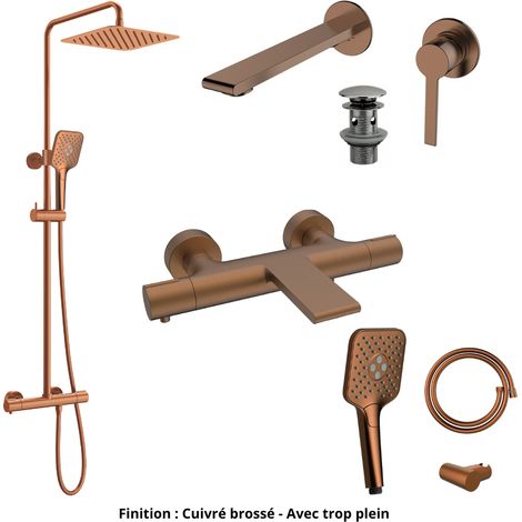 Mitigeur lavabo + Bonde + Colonne de douche + Mitigeur Bain + Support douchette Couleur Cuivre brossé Version Bonde avec trop plein (1/5)