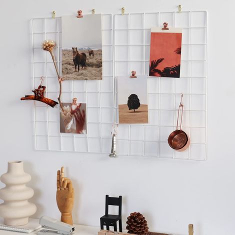 Lot de 2 panneaux muraux pour affichage de photos, organiseur de rangement mural, 5 clips métalliques, 3 crochets en S, 4 clous et 4 boucles de suspension en plastique et 4 vis offertes, taille (1/5)