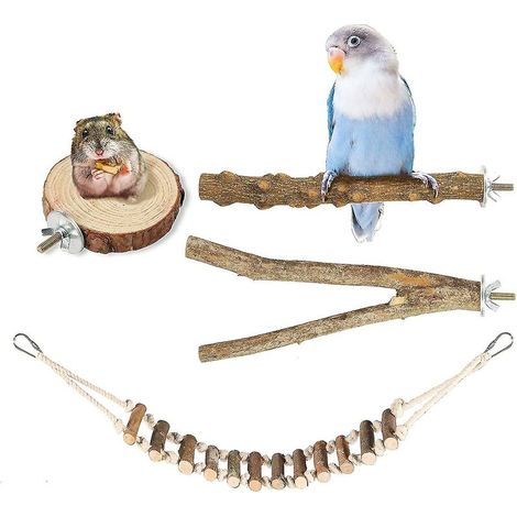 Ensemble de 4 perchoirs pour oiseaux, accessoires pour cage à oiseaux, support en bois naturel pour perruches... (1/4)
