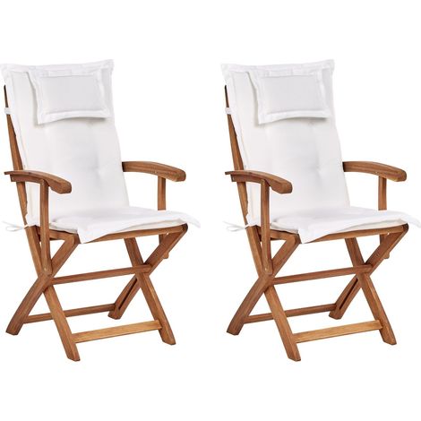 Set of 2 Garden Chairs with Cushions MAUI II Acacia Wood Off-White (1/5)