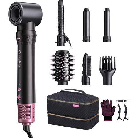 Brosse Soufflante 7 en 1,Seche Cheveux à Brosse Chauffante,Brosse Coiffante Ionique,Brosse à Air Chaud 110 000 tr/min, Boucleur Automatique,Lisseur,pour Volume,Boucler et Lisser (Noir) (1/5)