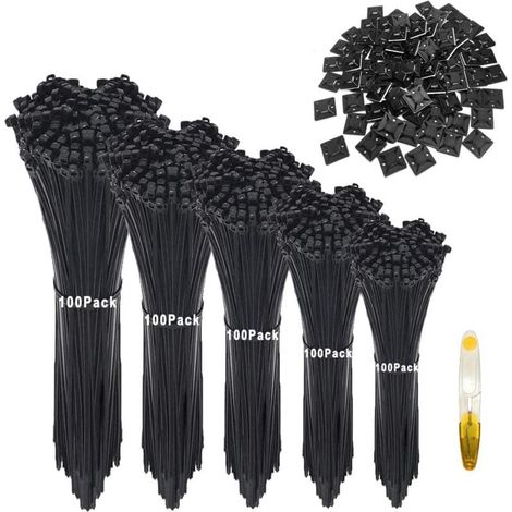 ZVD-500 Pièce Attaches de Câble 100/150/200/250/300mm, Colliers Nylon de Serrage, Utilisé pour les fils intérieurs et extérieurs, les outils, la finition du jardin + 50 Pcs Embases Adhesive, Noir (1/3)