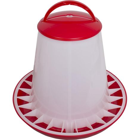 Distributeur Nourriture Volailles 10 Kg - Plastique Robuste - Anti-Gaspillage - Pour Poussins Et Adultes - Rouge Blanc - Diametre 41 Cm