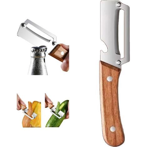 Éplucheur Multifonctionnel en Inox 304 avec Manche en Bois et Décapsuleur Intégré pour Fruits et Légumes