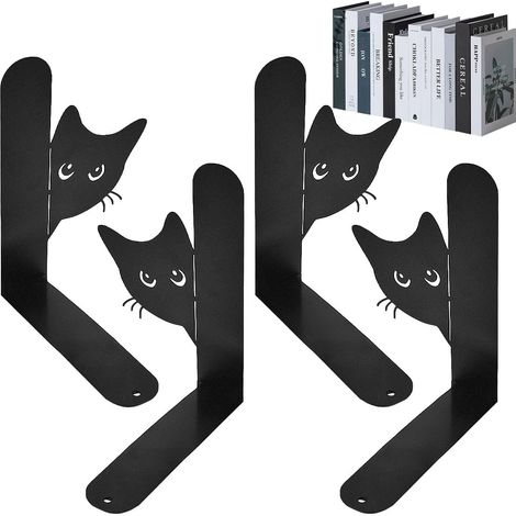 2 Paires Serre Livres en Métal avec Figure de Chat, Cale Livre avec Patin Antidérapant, Bloc Livre pour Étagère Noir, Cale Livre Bibliothèque, pour Rangement Chambre à Coucher Bureau École (1/5)