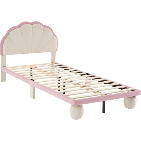 Lit enfant rembourré avec LED multicolores, tête de lit ondulée, velours beige et rose, 90x200 cm (1/5)