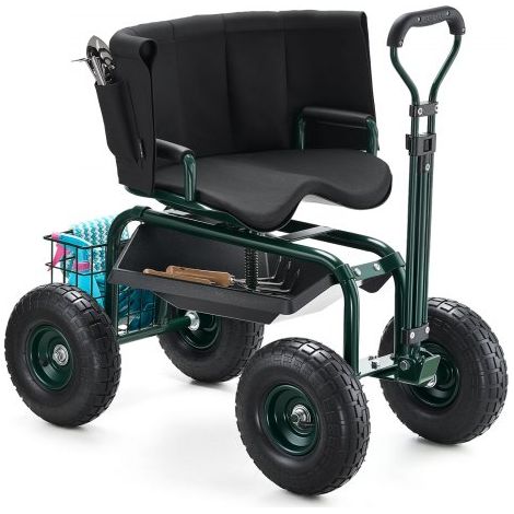 Mobiler Gartensitz 810x480x690/770 mm, Gartenrollsitz mit höhenverstellbarer & um 360° drehbarer Sitzfläche, Tragkraft 180 kg, Rückenlehne & Werkzeugaufbewahrung, für Garten, Hof, Terrasse (1/5)