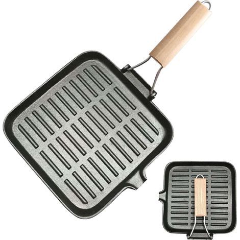 1 Grillpfanne aus Gusseisen, 20 x 20 cm, geriffelte Oberfläche, Klappgriff, Ausgießer, induktionsgeeignet (1/5)
