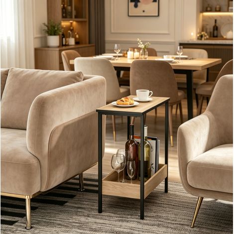 Tavolino d'appoggio a 2 livelli, legno ingegnerizzato e metallo, nero e rovere chiaro, OKMYHOME (1/5)