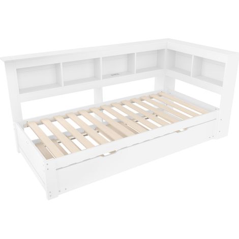 Cama banqueta 90 x 200 cm con cama nido, enchufes y 2 USB, somier de lamas, blanca (1/5)