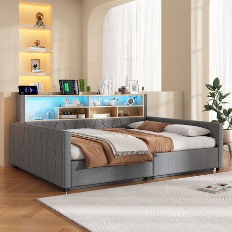 Lit Banquette Double 140x200 cm avec Coffre Hydraulique, LED Multicolore, Prise, USB-A/USB-C et Rangements Ouverts, en Lin - Gris (Sans Matelas) (1/5)