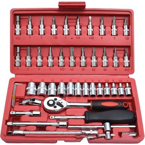 Jeu de 46 clés à douille pour réparation automobile, 1/4 po, en acier chromé vanadium antirouille, avec cliquet et kit d'outils de mécanicien (1/5)