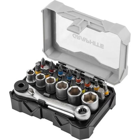 Jeu de douilles et embouts de 25 mm avec cliquet et porte-embout magnétique 60 mm, 24 pièces.
