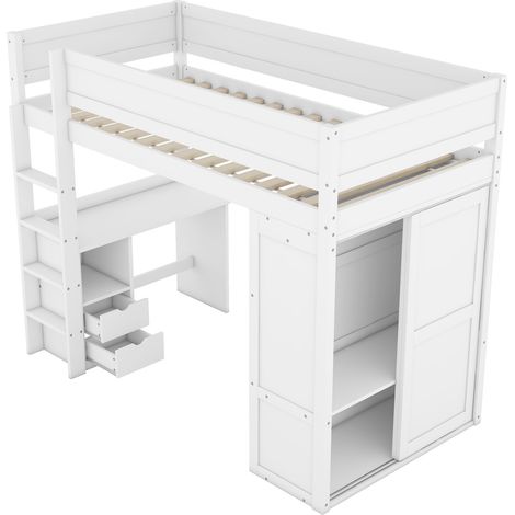 Cama alta infantil 90x200 cm, con escritorio, armario y dos cajones, madera de pino y MDF, blanca (1/5)