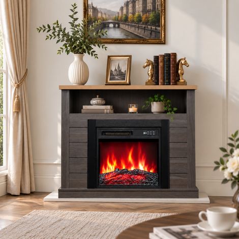 HOMAVO Camino elettrico grigio 18" con mobile, 900/1800W, fiamma 3D a 7 colori, telecomando, timer 1–8h, vano portaoggetti