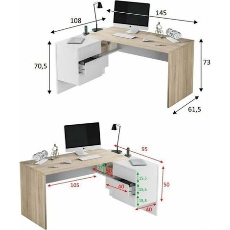 Bureau d'angle réversible en mélaminé – Chêne canadien et blanc Artik – 145 cm longueur x 108 cm profondeur x 73 cm hauteur – 3 tiroirs spacieux – Dimaplast — vue 2