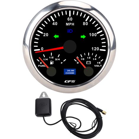 Compteur de vitesse GPS 3 en 1 85 mm, odomètre avec voltmètre, jauge de niveau de carburant, clignotant 120 km/h pour camping-car, yacht, camion, rétroéclairage 7 couleurs, cadran noir, lunette argent (1/5)