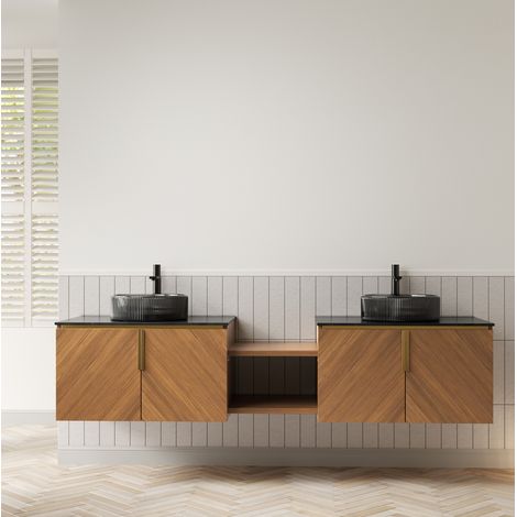 Mueble de baño suspendido con dos lavabos de vidrio negro, encimera de piedra sinterizada, armario marrón roble (1/5)