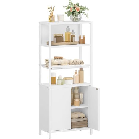 Meuble bas de salle de bain blanc – 2 portes avec étagère ouverte réglable – Panneau de particules et métal – Pieds réglables pour stabilité