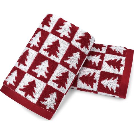 Serviettes de toilette rouges de Noël pour salle de bain - Lot de 2 serviettes de cuisine à carreaux et motif sapin de Noël, décoration festive et usage quotidien, coton, 13" × 29" (1/5)