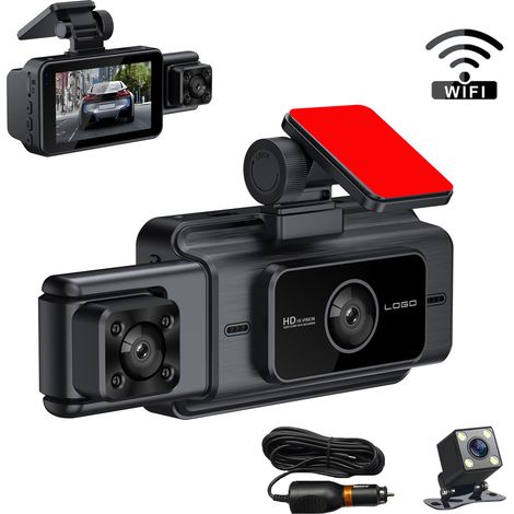 Cámara de salpicadero WiFi, DVR integrado, visión nocturna infrarroja inalámbrica HD 1080p y grabación simultánea de imágenes de marcha atrás con tres cámaras delanteras y traseras. (1/5)