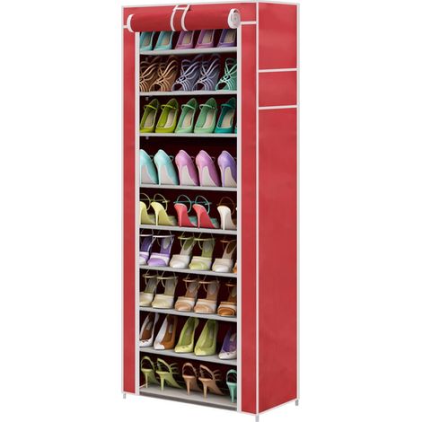 10 Tier Shoe Rack Storage Cabinet Dustproof Shoes Cabinet Storage Organiser Shoe Rack Stand Holds 27 Pairs (Deep Red) (1/5)