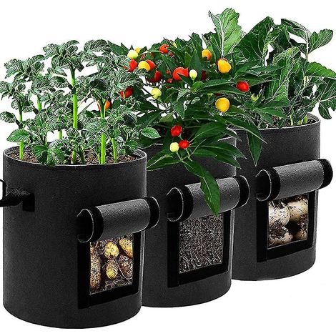 Sac de plantation, sac à pommes de terre, sac de culture pour légumes de jardin, lot de 3 sacs de culture/pots en tissu ventilés avec poignées, 7 gallons, noir (1/5)