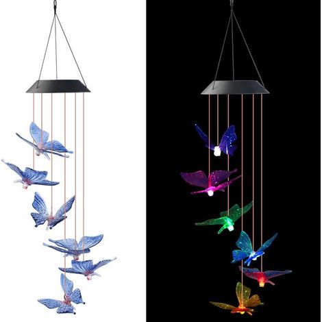Carillon éolien solaire LED papillon – lumière LED multicolore changeante – décoration extérieure pour jardin et terrasse – couleur aléatoire (1/5)