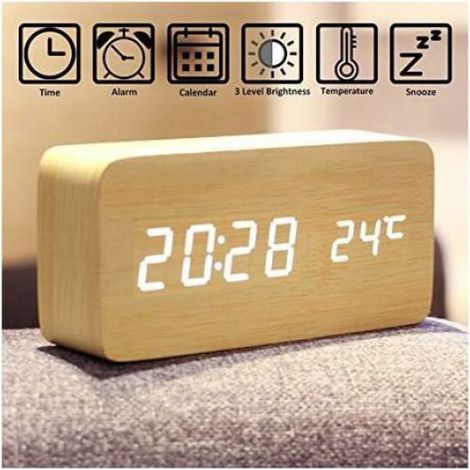 Horloge numérique en bois - Réveil multifonction avec affichage de l'heure/date/température et contrôle vocal pour les voyages au b (1/5)