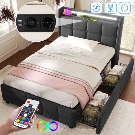 Lit coffre - SINGULARITY - 806970AAB - 90x200 cm - Tête de lit USB+LED - 2 tiroirs - Gris