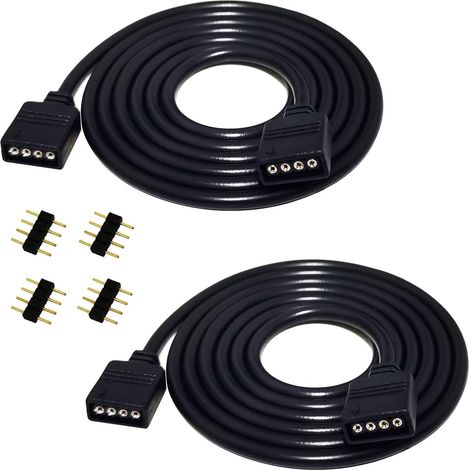 Câble Extension LED RGB - 2 Pièces de 2m - Cuivre Étamé PVC - Rallonge 4 Broches Sans Soudure - Pour Bandes SMD 5050 3528 - Noir