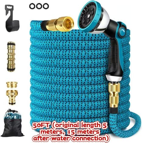 Kit tuyau d’arrosage extensible 15 m, longueur initiale 5 m, pistolet 10 modes de jet, raccords métalliques pour grand jardin et lavage voiture (1/4)