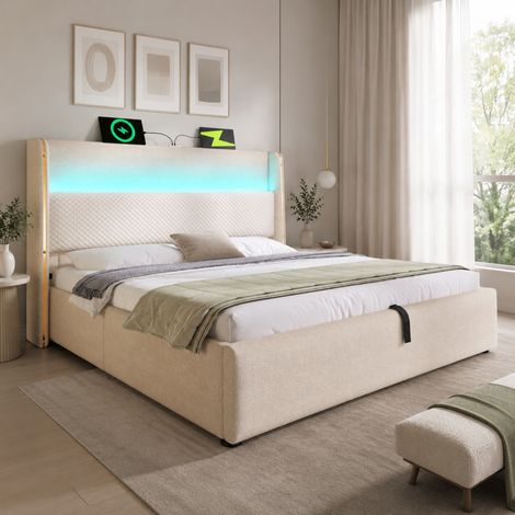Cama doble hidráulica 180x200 cm de lino beige, LED USB, ahorro de espacio, sin colchón – MEUBLIV (1/5)