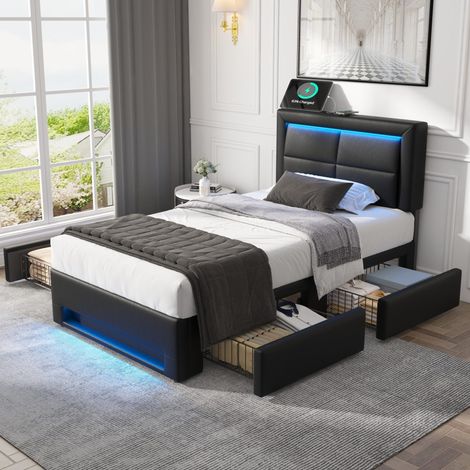 Letto imbottito in PU nero 90x200 cm con rete a doghe, LED, USB e 4 cassetti (1/5)
