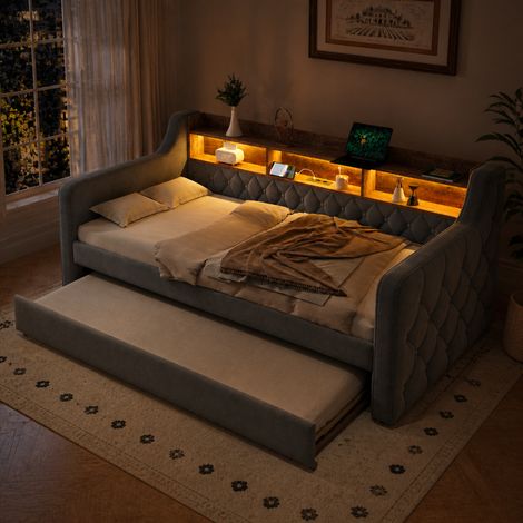 Lit banquette convertible 1 place en velours, 90 x 190 cm, coloris gris foncé (1/5)