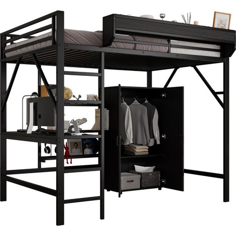 Lit mezzanine 140x200 avec bureau intégré, rangement double sous le plateau, armoire, étagère latérale et échelle 5 marches, métal et MDF noir - CHICFURN (1/5)
