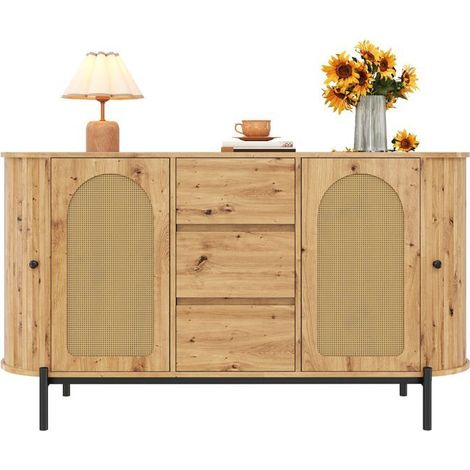 Buffet format ovale façade en rotin portes coulissantes portes et tiroirs compartiments réglables aspect bois pieds métal (1/5)
